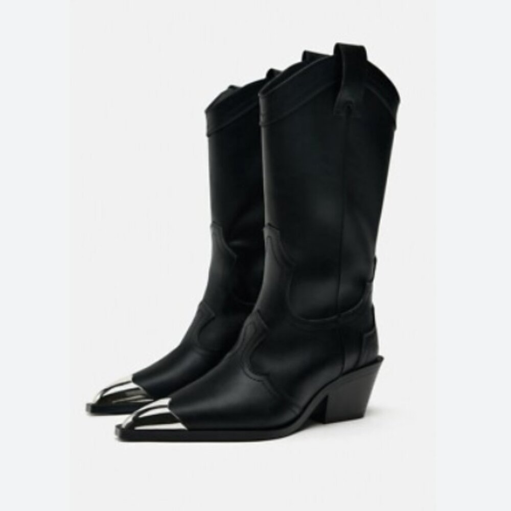 ZARA BOOTS | WOMEN MID-HEIGHT SHAFT METAL POINT COWBOY BOOTS BLACK SZ 9  | EU42
